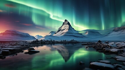 The Northern Light Aurora borealis at Kirkjufell mountains