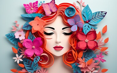 Illustration of face and flowers style paper cut with copy space for international women's day