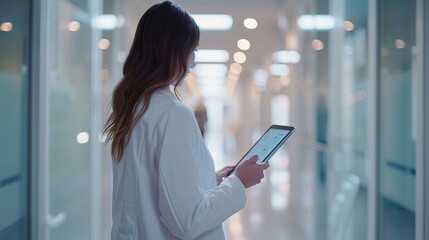 Doctor using tablet to interact with virtual infographic in hospital on white background