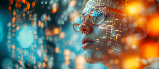 Banner with a young programmer surrounded by data coming from the Internet, working with big data, analysis and integration of artificial intelligence into everyday life