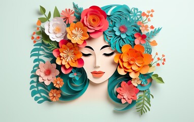 Illustration of face and flowers style paper cut with copy space for international women's day