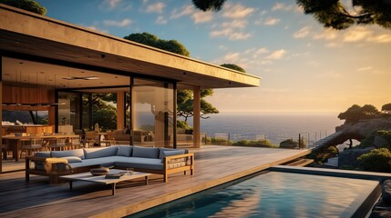 Fototapeta na wymiar Contemporary Masterpiece: Captivating View of a Modern Villa, Expanding the Boundaries of Luxury Living with its Open-Concept Layouts