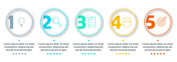 5 step, option infographic with business icons. Process diagram, timeline info graphic design elements. Modern layout, flow chart with five numbers and 3d circles. Vector illustration.