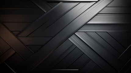 Interlaced dark wooden planks herringbone pattern. Spotlight black wall of building metallic texture abstract background design. Flooring interior styling backdrop textured wallpaper - obrazy, fototapety, plakaty