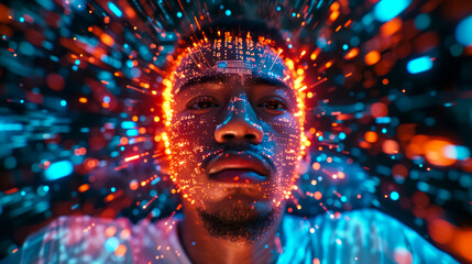 general shot of a man in a white T-shirt, an analyst with an implanted chip plunges into a tornado of information on the network, visualization of communications on the Internet