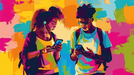 Colorful illustration of a couple of young people, students using phones