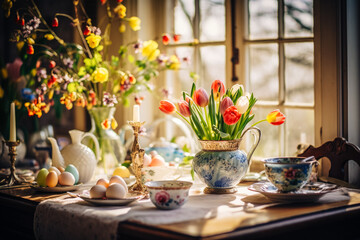 A soft morning light streams through a window, illuminating a beautifully decorated Easter table...