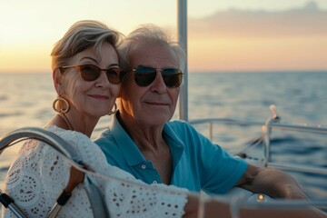 image of serious senior couple enjoying yacht travel on sea