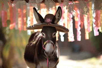 Fotobehang donkey in sombrero standing under strings of papel picado © studioworkstock
