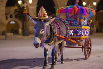 Tuinposter sombrerowearing donkey pulling a decorated cart in a plaza © studioworkstock