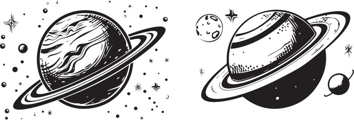 Set of space objects: planets, stars. Hand drawn vector.