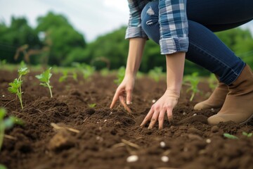 Fototapeta premium person bending to examine soil moisture level