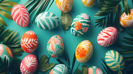 Fototapeta na wymiar Easter eggs tropical beach style background. Product photography. 
