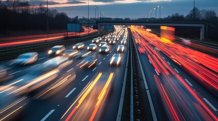 Fast moving traffic on the M42 near Birmingham, UK. Busy highway with fast moving vehicles in beautiful sunset - 729971887