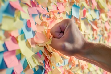 fist entering a wall of sticky notes, causing fluttering