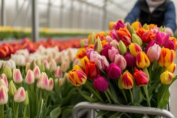 person pushing cart full of mixed colorful tulips in a greenhouse - obrazy, fototapety, plakaty