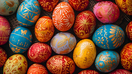 Easter eggs colorful decorated background. Product photography. - obrazy, fototapety, plakaty