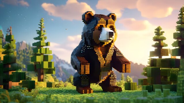 Voxel cute bear, animals made of 3d cubes, voxel illustration for video games or illustrating 3d animation and vfx studios. Generative AI