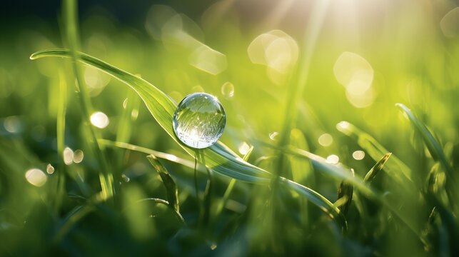 Single dewdrop clinging to a blade of grass, shimmering like a tiny diamond in morning light