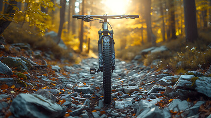 a downhill bike on the rocky street with forest background. Bright afternoon sunshine. Ground level viewpoint - obrazy, fototapety, plakaty