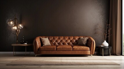 simple room interior render with brown leather sofa in darck style 3d render image