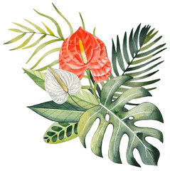 Obraz premium Hand drawn bouquet with tropical leaves and flowers, watercolor