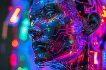 Close-up of a vibrant metallic humanoid face with intricate details, reflecting neon lights in an...