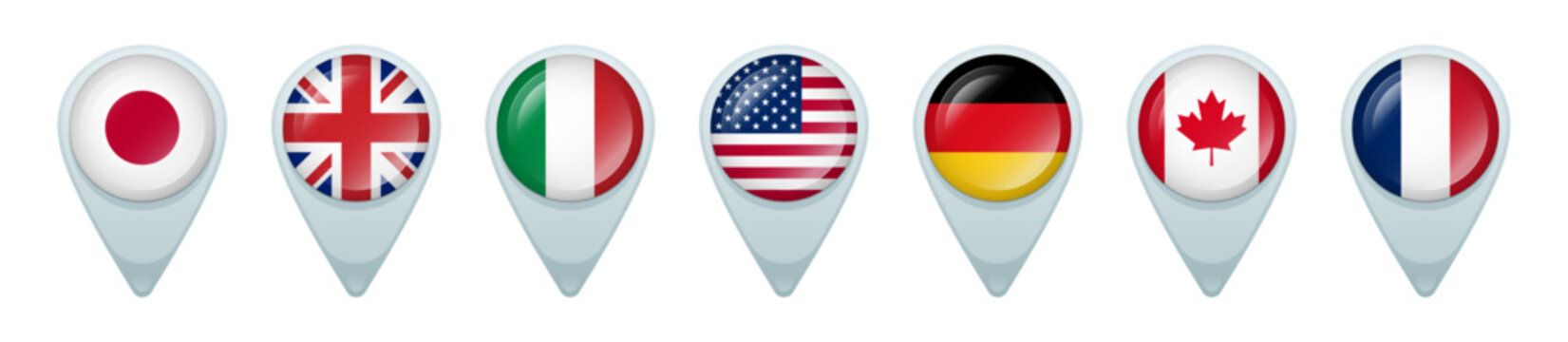 Location pins with flags of G7 members. Vector and PNG on transparent background.