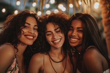 Fototapeta premium Eclectic trio of diverse female friends savoring a memorable night out, forging bonds of laughter and unity amidst cultural diversity