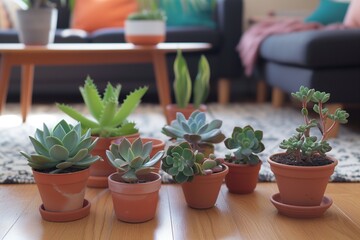 diy crafting with potted succulents on a living room floor