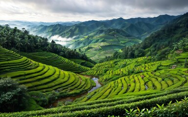 Green Serenity Exploring the Tranquil Beauty of Tea Plantations and Rural Agriculture Landscapes ai generated
