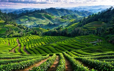 Green Serenity Exploring the Tranquil Beauty of Tea Plantations and Rural Agriculture Landscapes ai generated