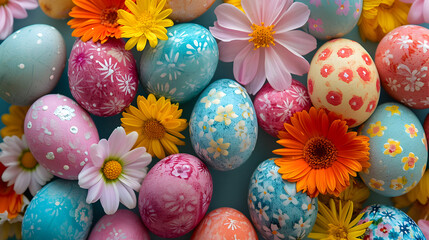 Easter eggs aesthetic color pastel background. Product photography.