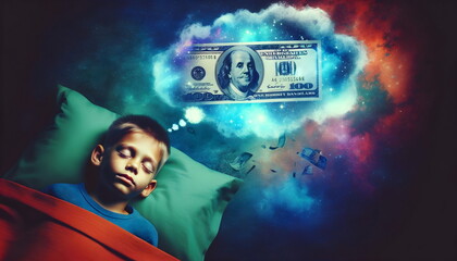 child boy sleeping in a bed and dreaming of a dollar banknote