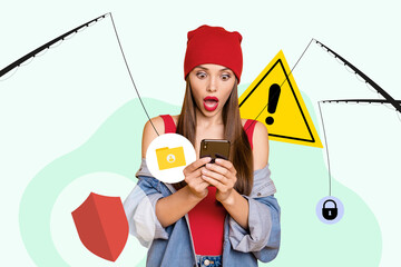 Collage photo image young shocked afraid scared girl browsing smartphone malware hackers data...