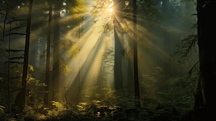 Sunbeam piercing through a dense forest canopy, abstract light play