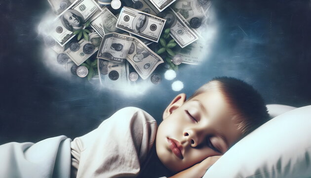 child boy sleeping in a bed and dreaming of a money