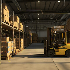 Industrial forklift in a spacious warehouse with boxed shelves during the golden hour. Generative Al