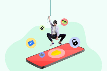 Photo collage picture young man robber thief hooligan mask try steal data cyber web security safety...
