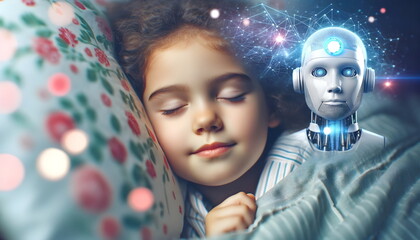 child girl sleeping in a bed and dreaming of a robot
