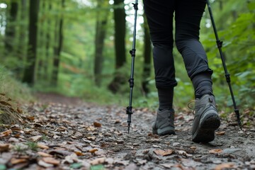 person with walking poles on forest trail - obrazy, fototapety, plakaty