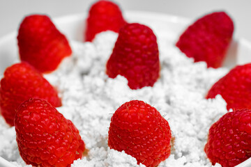 Cottage cheese with raspberry. Selective focus, horizontal. Bio organic natural ingredients....