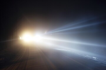 luminous beams from car piercing fog at night