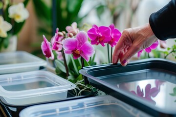 closeup of a persons hand setting humidity trays under orchid pots