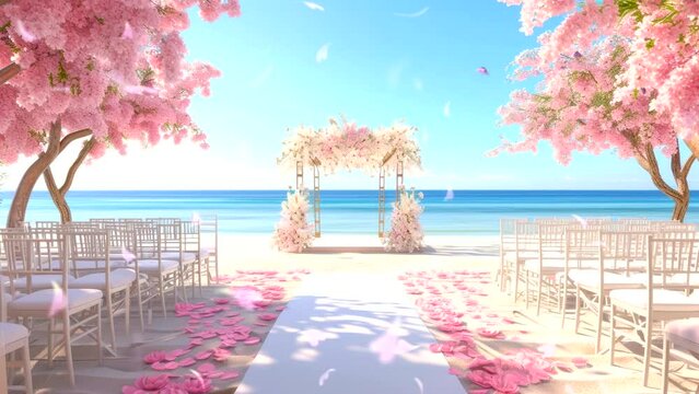 weeding decoration for ceremony couple with pink romantic flower near beach video background template looping 4k