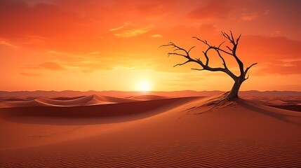 Sun-scorched desert landscape, lone tree silhouetted against endless dunes