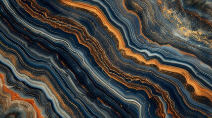 Marble ink abstract background with blue, orange, and gold paints in alcohol ink technique
