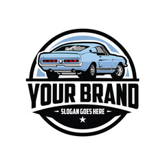 Muscle car rear view emblem ready made logo vector isolated. Best for restoration and automotive garage related industry - obrazy, fototapety, plakaty