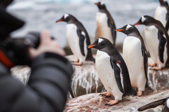 person with a camera photographing penguins on rocks