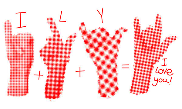 I love You hand sign in grunge dot style. Hand designation Folded different symbols are folded as a sign of love. Hands up. A postcard for lovers on a white background. Red dots collected